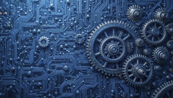 A close-up of a blue circuit board design with intricate details, combined with mechanical gears, creating a futuristic and technological aesthetic, AI generated