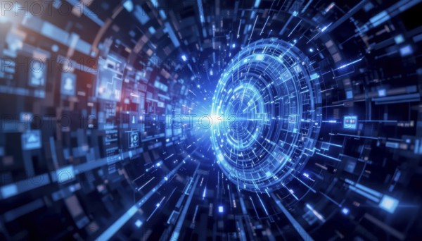 A vibrant digital tunnel with a bright light in the center, showcasing data flow and technological advancement, with blue hues, AI generated