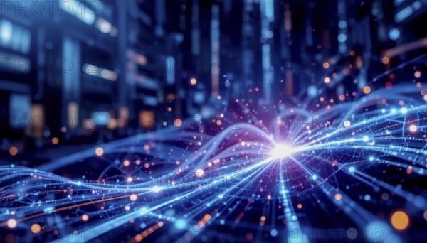 A vibrant image of a digital network, featuring glowing lines, particles, and a central bright light, suggesting data flow and connectivity, AI generated