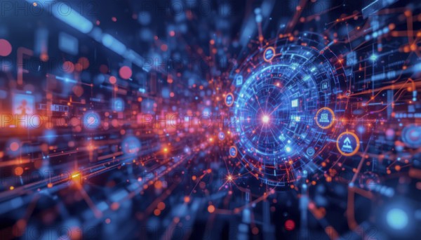 An abstract, high-tech illustration showcasing a complex network of interconnected data streams and digital elements, with a focus on technology and innovation, AI generated