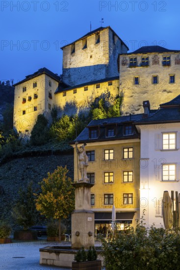 Historic houses, alley of houses with view of Schattenburg Castle, Blue Hour, Neustadt, Markokkanerstraße, Feldkirch, Vorarlberg, Austria