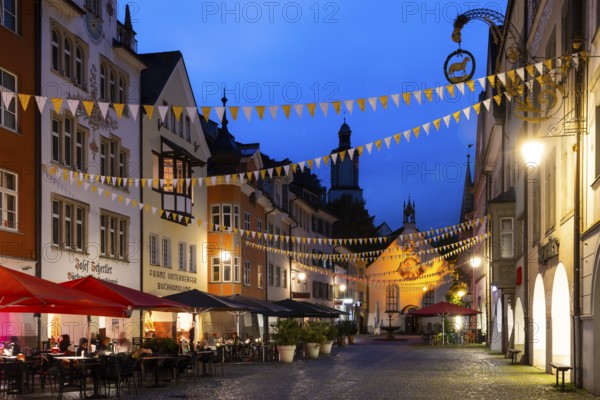 Historic houses, Häusergasse, fountain, sunshades, blue hour, St John's Church, market square, Feldkirch, Vorarlberg, Austria