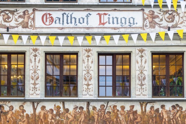 Lingg Inn, historic building, facade with painting, market square, Feldkirch, Vorarlberg, Austria