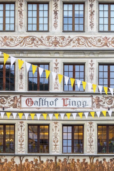 Lingg Inn, historic building, facade with painting, market square, Feldkirch, Vorarlberg, Austria