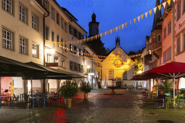 Historic houses, Häusergasse, fountain, sunshades, blue hour, St John's Church, market square, Feldkirch, Vorarlberg, Austria