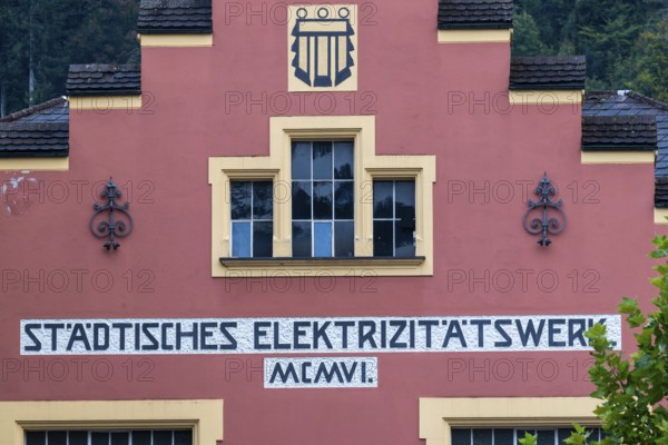 Façade with lettering, historic building, municipal power station, Mühletorplatz, Feldkirch, Vorarlberg, Austria