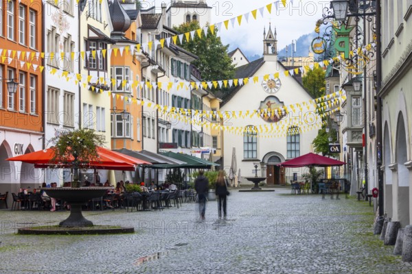 Market square, historic buildings, fountain, St John's Church, Feldkirch, Vorarlberg, Austria
