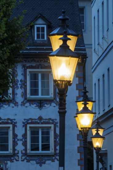 Historic lanterns, Blue Hour, St Nicholas Cathedral Parish, Feldkirch, Vorarlberg, Austria