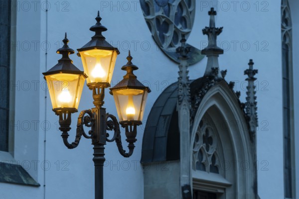 Historic lanterns, Blue Hour, Cathedral Parish Church, Feldkirch, Vorarlberg, Austria