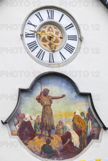 Façade, wall clock, Christian mural painting, St John's Church, market square, Feldkirch, Vorarlberg, Austria