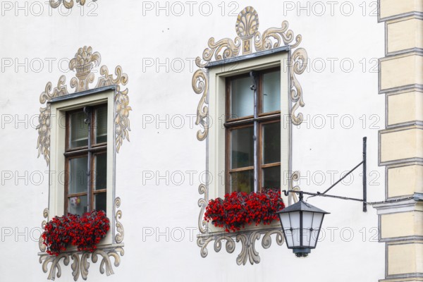 Palais Lichtenstein, historic building, facade with painting, historic lantern, Herrengasse, Feldkirch, Vorarlberg, Austria