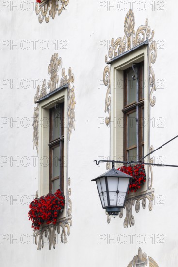 Palais Lichtenstein, historic building, facade with painting, historic lantern, Herrengasse, Feldkirch, Vorarlberg, Austria