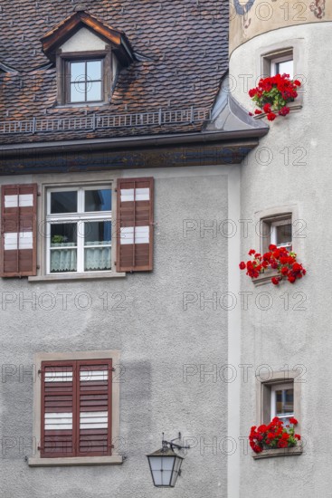 Facade, window shutters, floral decoration, historic building, Chrurer Tor, Feldkirch, Vorarlberg, Austria