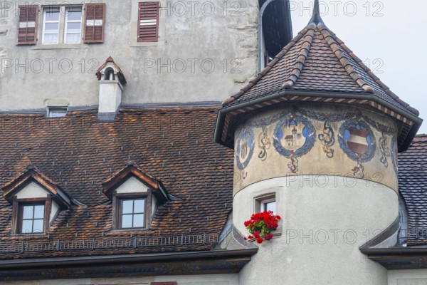 Facade, window shutters, floral decoration, historic building, Chrurer Tor, Feldkirch, Vorarlberg, Austria