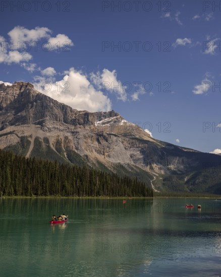 Canoes gliding across Emerald Lake with forested Canadian Rocky Mountains and a clear sky backdrop within Yoho National Park in Alberta, Canada, North Canada