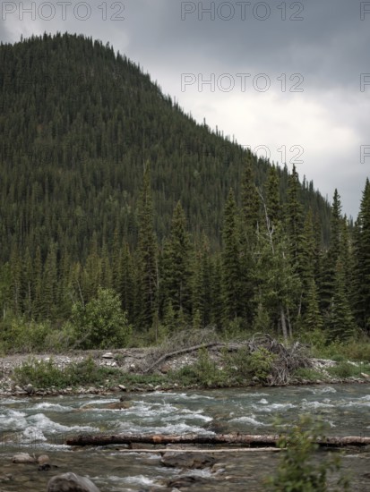 The Elbow River below a steep forested mountainside under a dramatic cloudy sky within Bragg Creek Provincial Park, in Alberta, Canada, North America