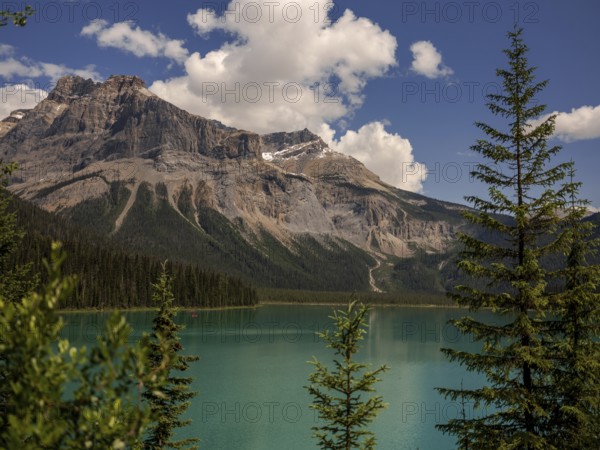 Emerald Lake with lush greenery and the rugged Canadian Rocky Mountains within Yoho National Park in Alberta, Canada, North Canada