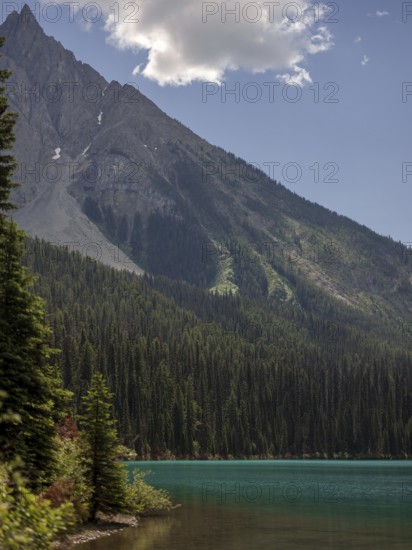 Steep mountain range of the Canadian Rocky Mountains above dense forest and Emerald Lake inside Yoho National Park, British Columbia, Canada, North America