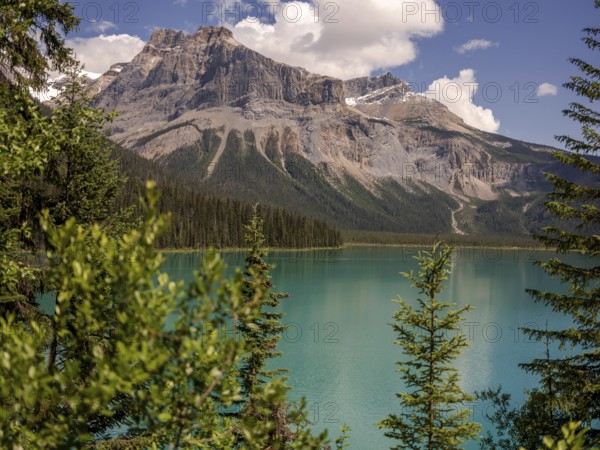 Emerald Lake with lush greenery and the rugged Canadian Rocky Mountains within Yoho National Park in Alberta, Canada, North Canada