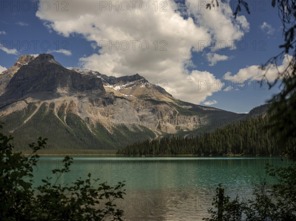 Emerald Lake with lush greenery and the rugged Canadian Rocky Mountains within Yoho National Park in Alberta, Canada, North Canada