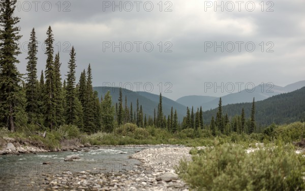 Peaceful riverbank scene of the Elbow River with trees and mountains under a cloudy sky within Bragg Creek Provincial Park, in Alberta, Canada, North America