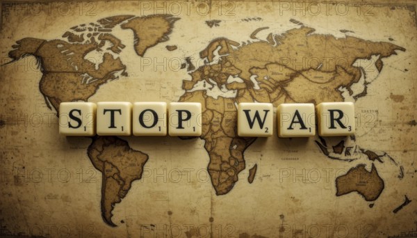 The words 'STOP WAR' are spelled out with letter tiles on a detailed, antique-style world map, conveying a message of peace, AI generated