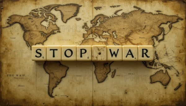 The image features the message STOP WAR spelled out with letter tiles on an antique world map, advocating for peace, AI generated