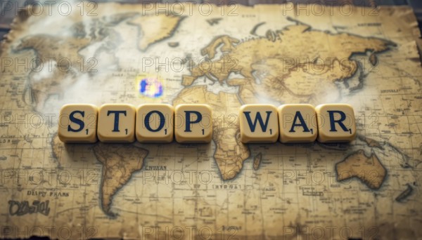 The image features the words 'STOP WAR' spelled out on letter tiles, placed over a vintage world map, conveying a message of peace, AI generated