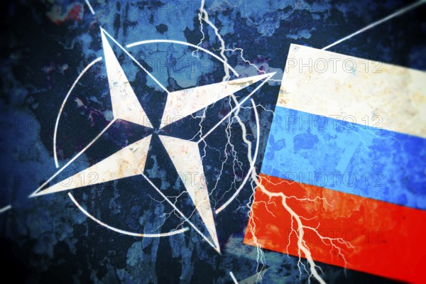 The flags of NATO and Russia with lightning, conflict between Russia and NATO, photomontage