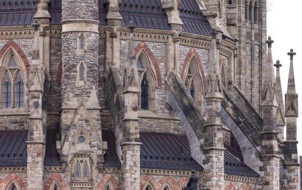 The Canadian Parliament buildings with detailed stonework and spires in Ottawa, Ontario, Canada, North America
