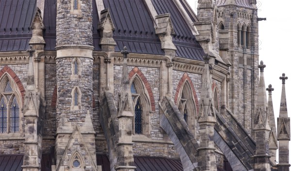 A close-up of the Canadian Parliament Buildings with gothic design and intricate details in Ottawa, Ontario, Canada, North America