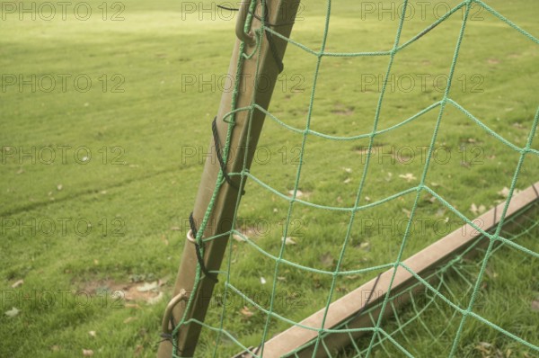 Borken, NRW, Germany, Soccer goal net showing a green field for playing football