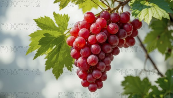 A cluster of juicy red grapes hangs from a vine, surrounded by lush green leaves, captured in bright sunlight. The image highlights the freshness and natural beauty of the fruit, AI generated
