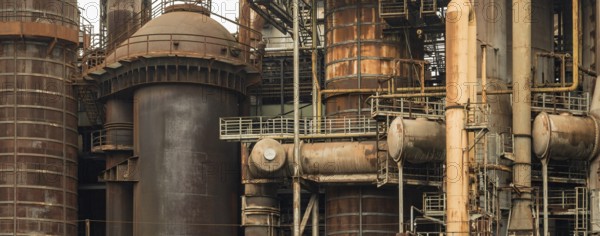 Weathered rusty industrial scenery with old corroded steel girders and metal tubes