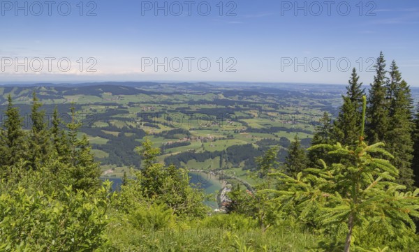 Idyllic aerial view seen from the Immenstaedter Horn around Immenstadt at the Allgaeu region in Swabia, Germany