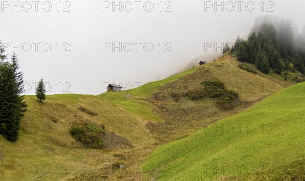 Misty scenery around Warth, a municipality in the district of Bregenz in the Austrian state of Vorarlberg