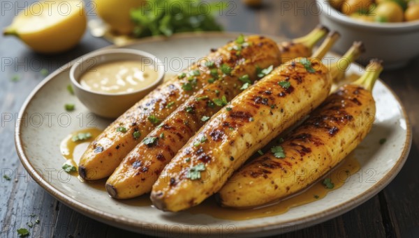 Delicious grilled plantains are served on a plate with a side of sauce, garnished with herbs, and lemons, AI generated