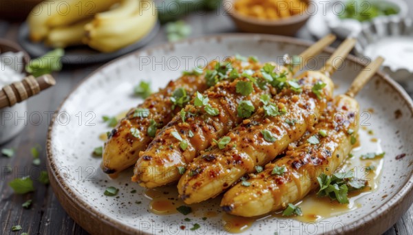 A close-up shot showcases delicious grilled banana skewers, drizzled with a glossy glaze and sprinkled with fresh herbs, served on a plate, AI generated