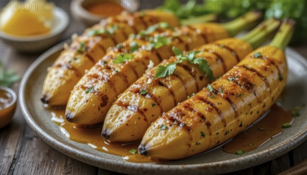 Close-up shot of delicious grilled plantains served on a plate, garnished with fresh herbs and sauce. The dish is set on a wooden table, AI generated