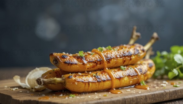 Delicious grilled plantains drizzled with a flavorful sauce, garnished with herbs, and served on a rustic wooden board, ready to eat, AI generated