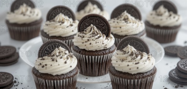 A close-up shot of several chocolate cupcakes topped with creamy frosting and Oreo cookies, perfect for dessert, AI generated