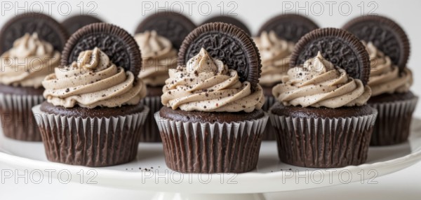 A close-up shot of several chocolate cupcakes topped with creamy frosting and an Oreo cookie, arranged on a white plate, AI generated