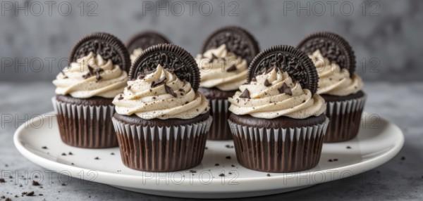 A close-up shot of several chocolate cupcakes topped with cream cheese frosting and Oreo cookies, arranged on a white plate against a blurred background, AI generated