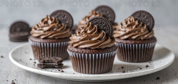A close-up shot of several chocolate cupcakes with rich chocolate frosting and cookie decorations, perfect for dessert, AI generated