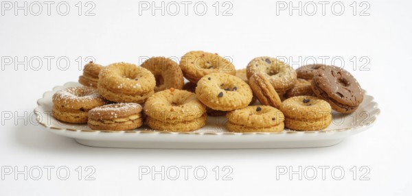 A variety of cookies, some with chocolate chips and powdered sugar, are arranged on a white, scalloped-edge plate against a clean white background, AI generated