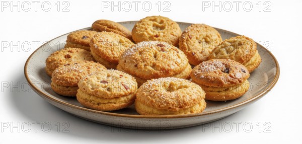 A plate of golden-brown cookies, possibly sandwich cookies, are presented on a neutral-toned plate against a white background, AI generated