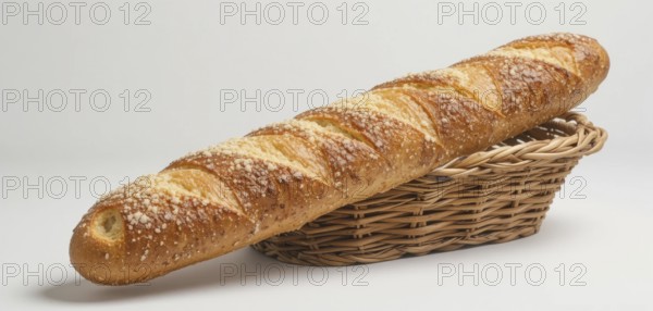 A golden-brown baguette, sprinkled with crumbs, rests in a woven wicker basket against a white background, ready to be enjoyed, AI generated
