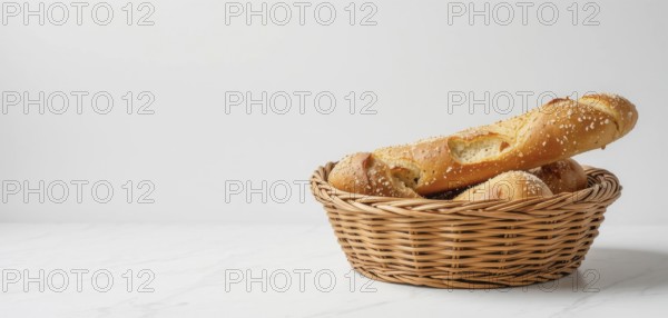 A rustic scene featuring a basket filled with various types of bread, set against a clean white background, perfect for culinary themes, AI generated