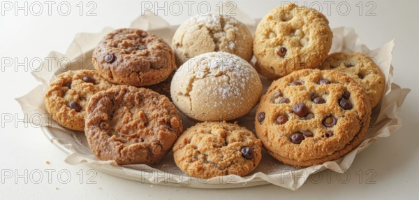 A variety of cookies, including chocolate chip and powdered sugar, are arranged on a plate with parchment paper, ready to be enjoyed, AI generated
