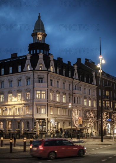 Historic building illuminated at night in a city area with streetlights in Helsingborg, Sweden, Scandinavia, Northern Europe